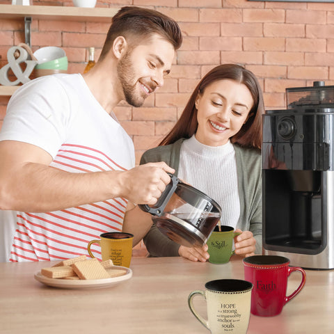 Christian Art Gifts mug in use with coffee showing comfortable grip and practicality