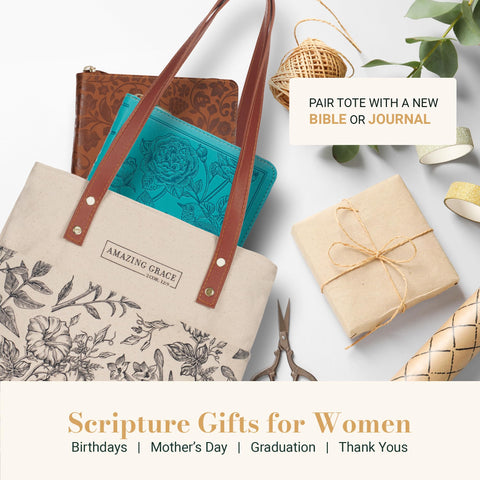 Christian Art Gifts tote being used for shopping, illustrating hands-free convenience and stylish errands