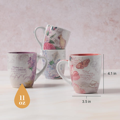 Christian Art Gifts Pink Peruvian Lily mug close-up highlighting verse and vintage botanical detail