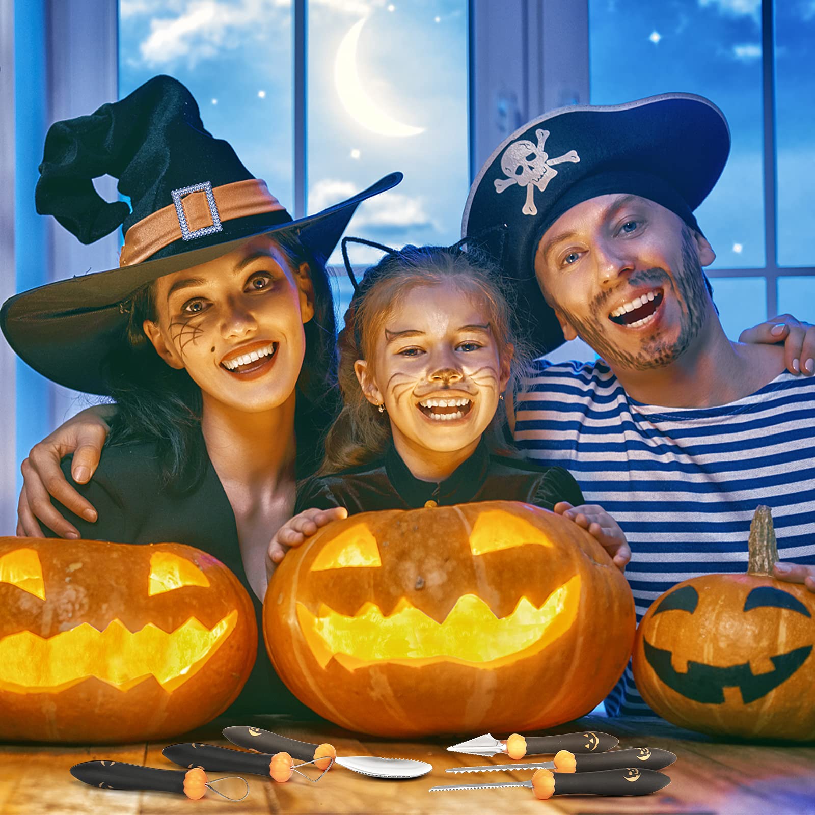 CHRYZTAL family carving pumpkins together showing safe enjoyable group activity benefit