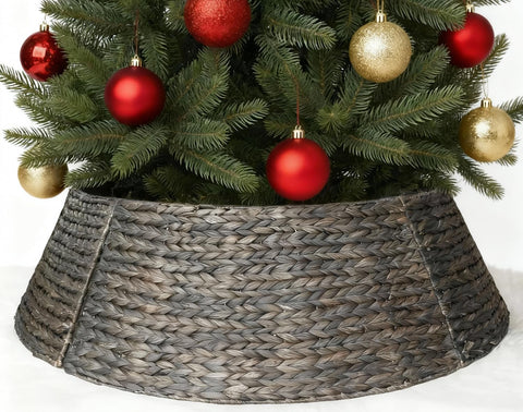 ChumDecor front view of espresso seagrass collar hides tree stand and elevates decor