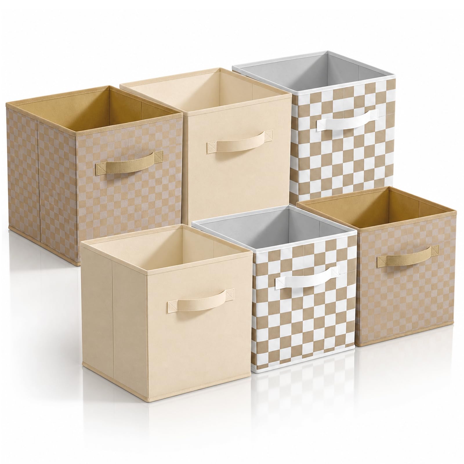 Chunful front view of brown white checkered cube showing neat storage benefit