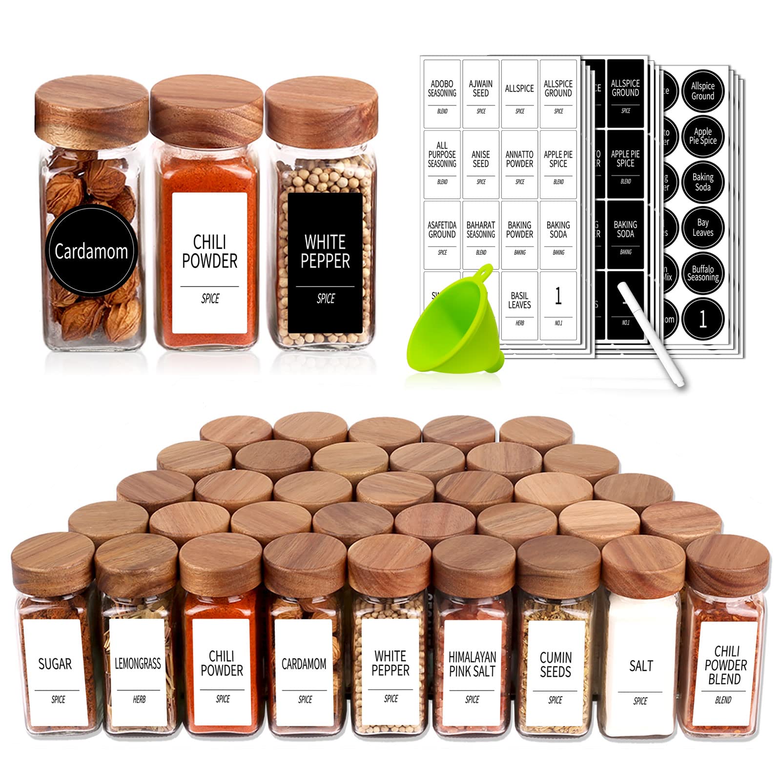 Churboro front view of 48 glass spice jars neatly arranged, improving organization