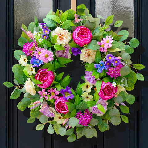 CHvista front view of 24 inch wreath showing full floral arrangement and curb appeal