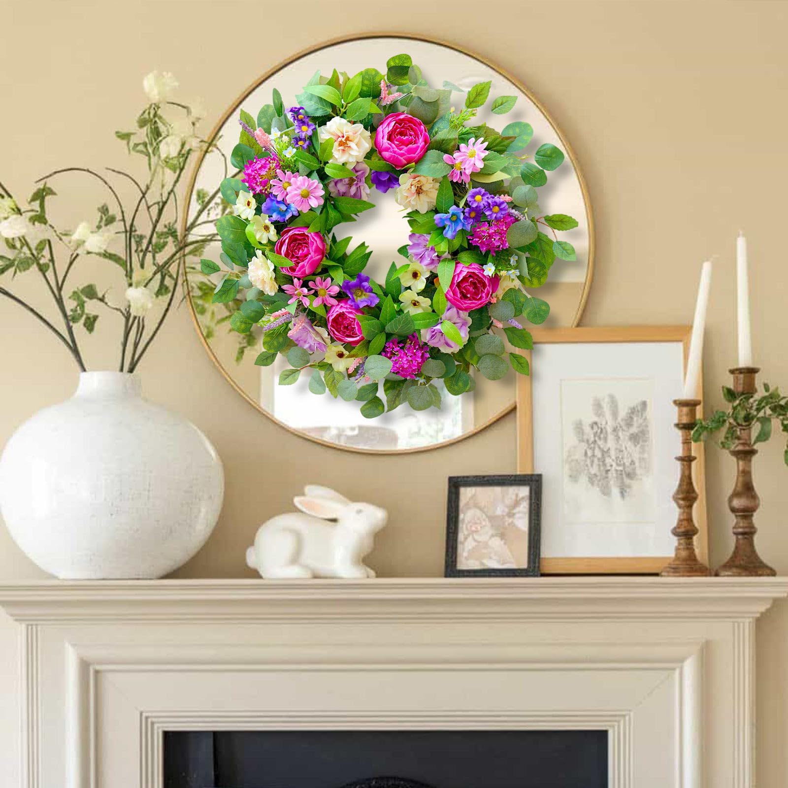 CHvista wreath displayed on a mantel in a living room adding elegant seasonal decor