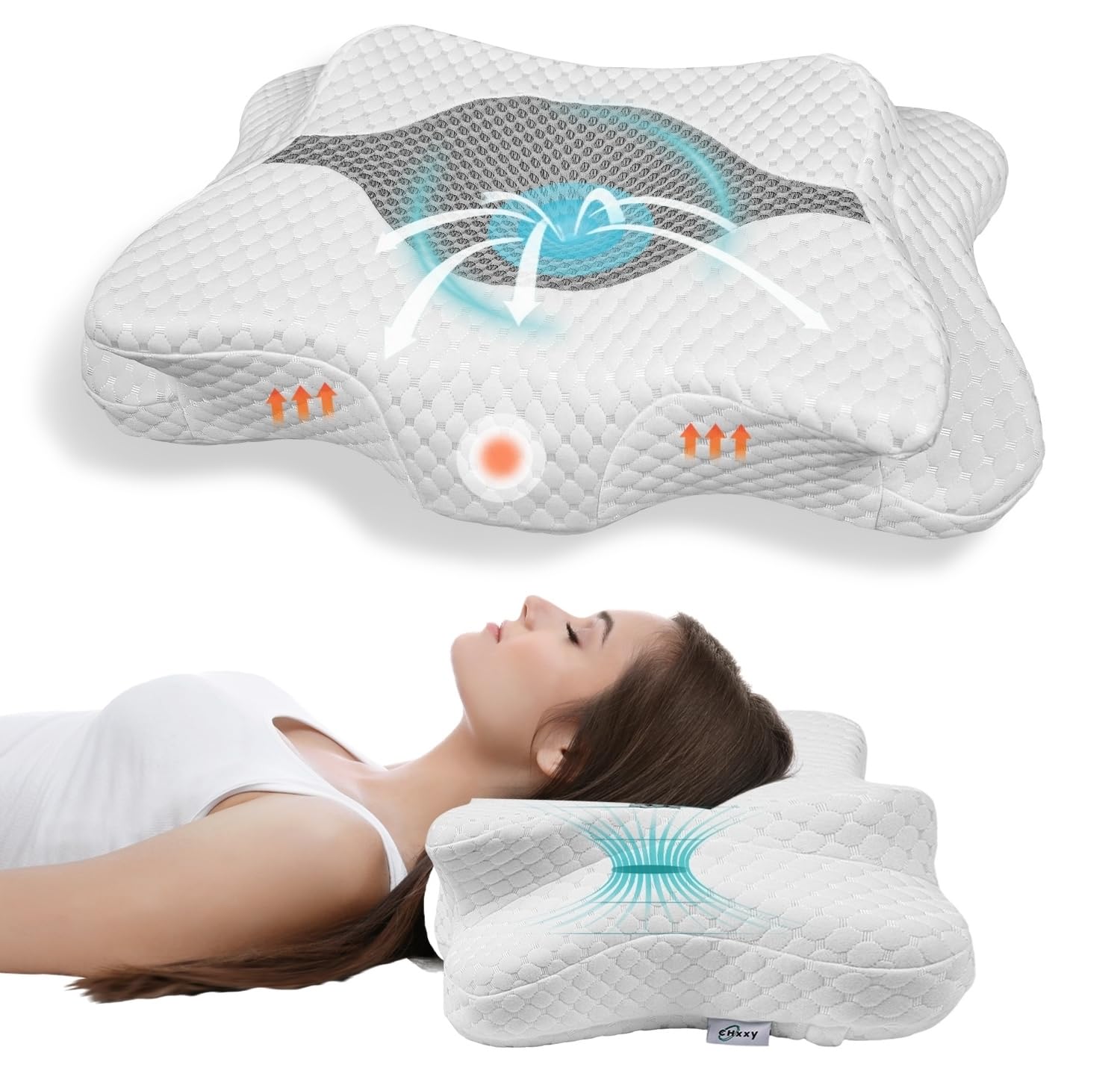 CHxxy front view of ergonomic pillow showing full cervical contour and support benefits