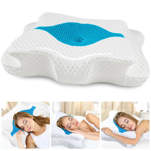 CHxxy pillow beside hand for scale showing correct size and support
