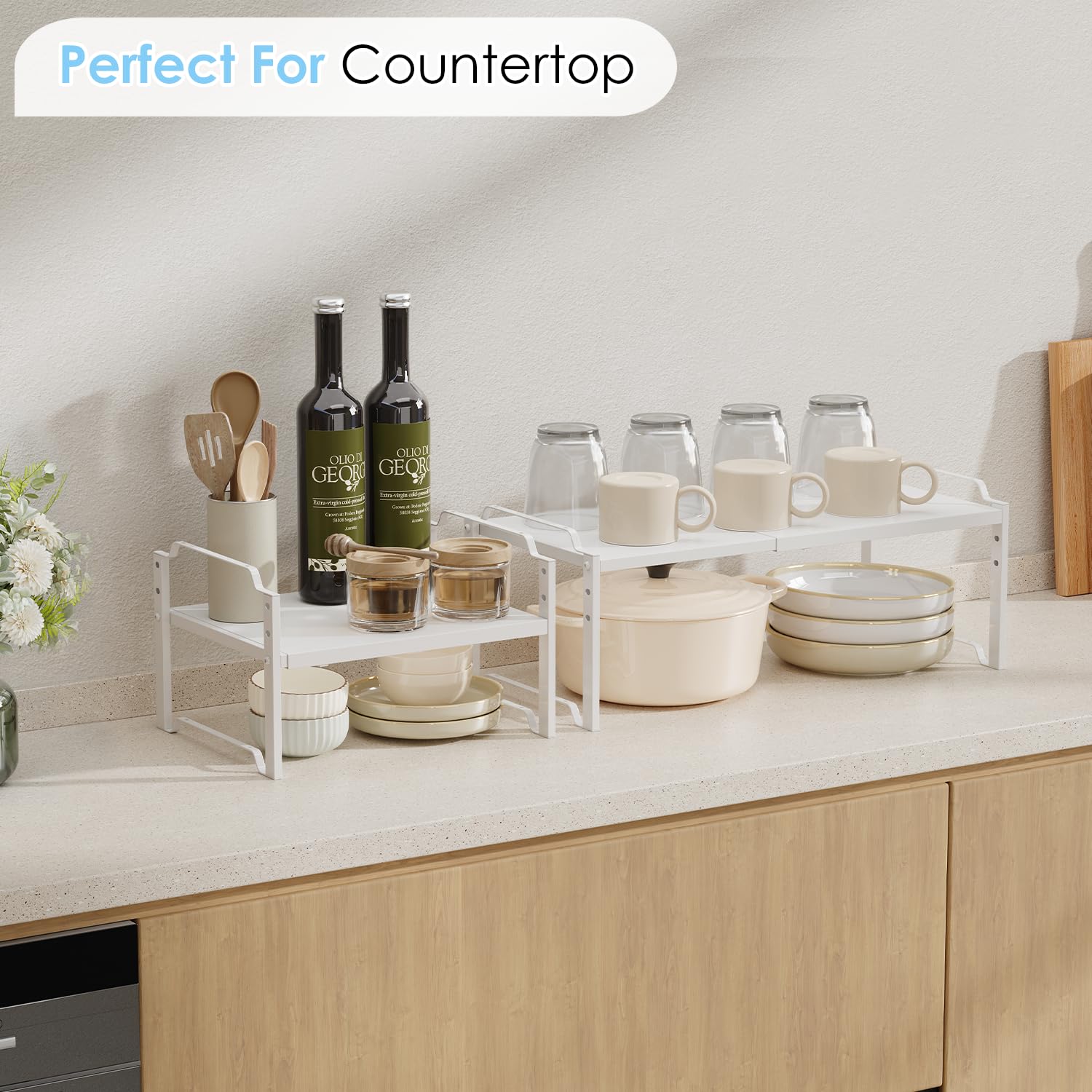 Cidaziya stacked shelves inside a cabinet showing stable vertical storage for plates and mugs