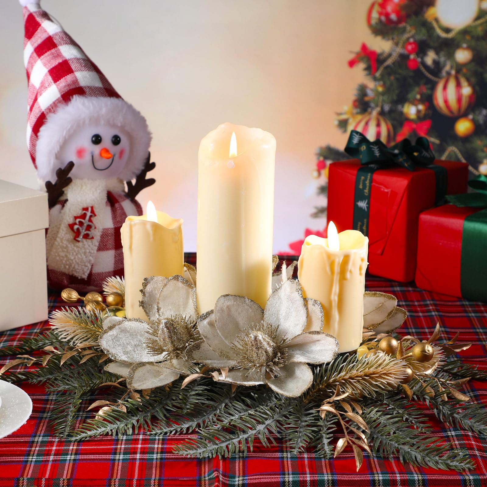 Cindeer centerpiece displayed with LED candles demonstrating safe ambiance