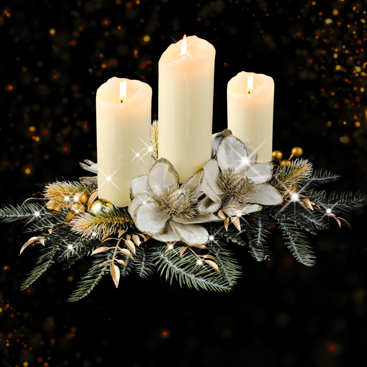 Cindeer gold centerpiece front view showing elegant shape and festive charm