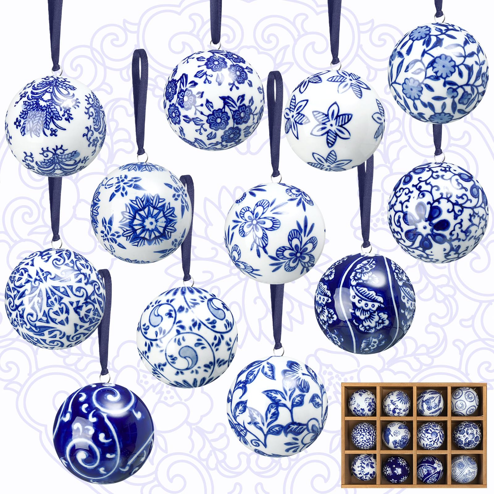 Cindeer front view of twelve porcelain balls showing designs and packaging benefits
