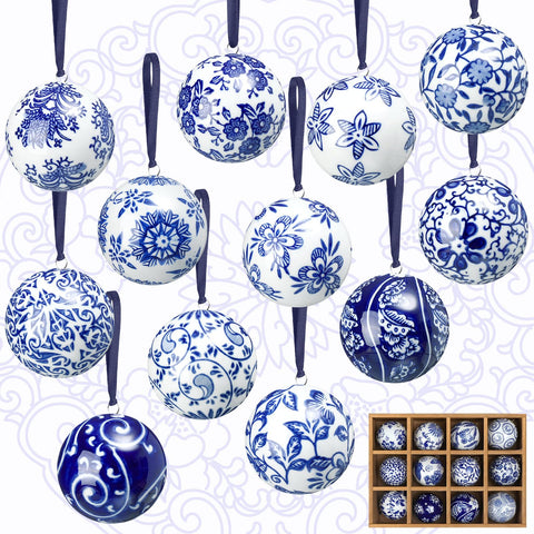 Cindeer front view of twelve porcelain balls showing designs and packaging benefits