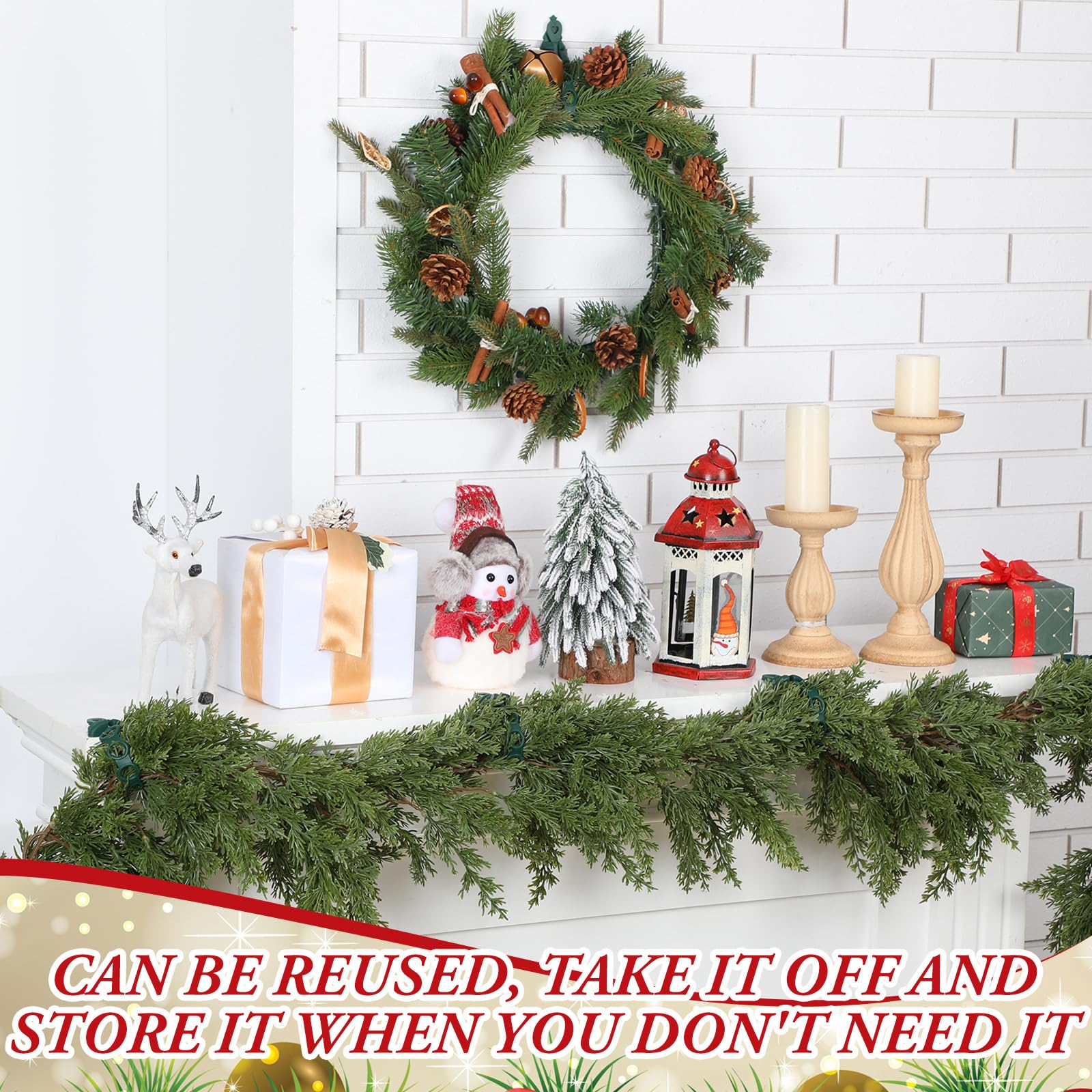 Cinnvoice hangers securing garland on mantle for neat holiday display