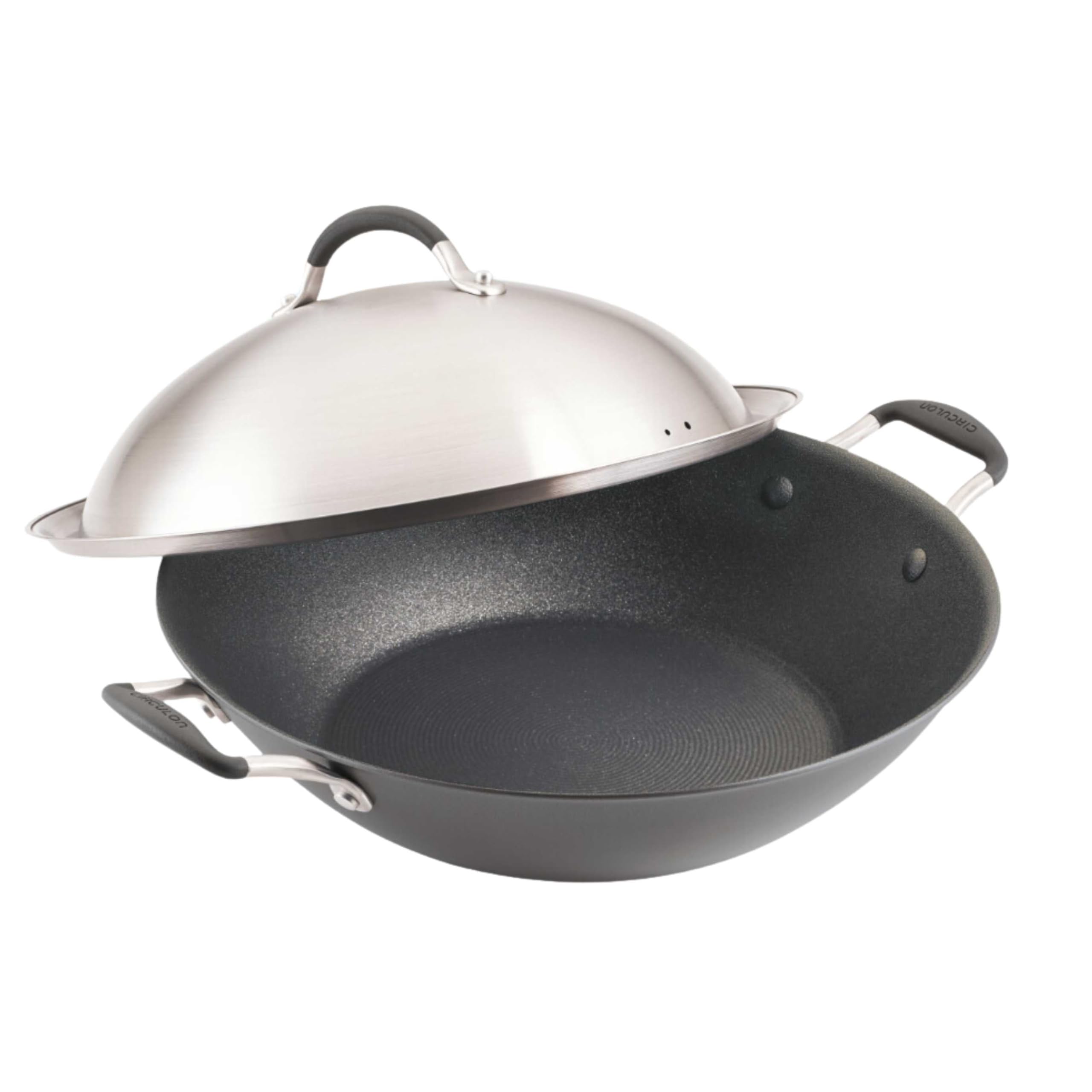Circulon front view of 14-inch wok showing graphite finish and lid, durable cooking.