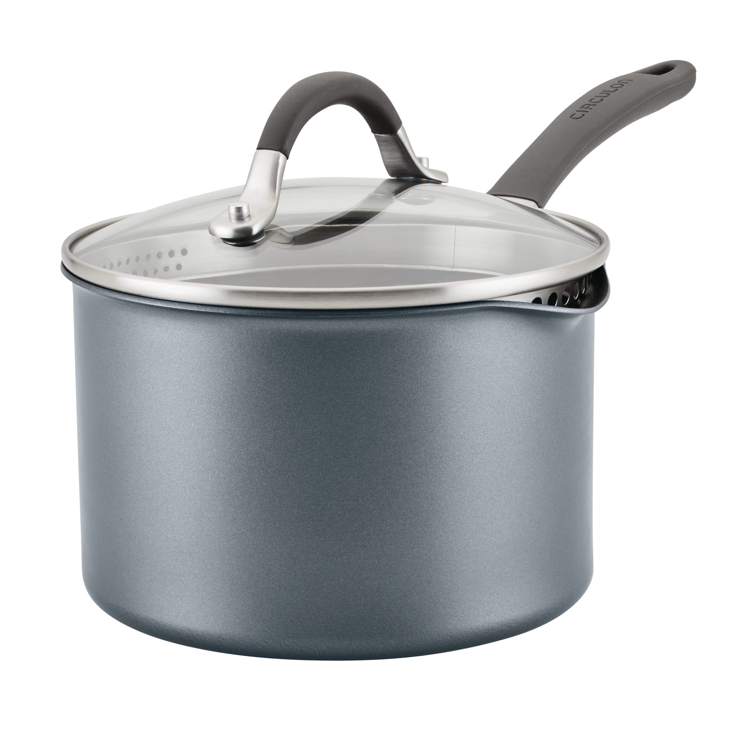 Circulon front view graphite saucepan showing sleek nonstick finish and lid benefit