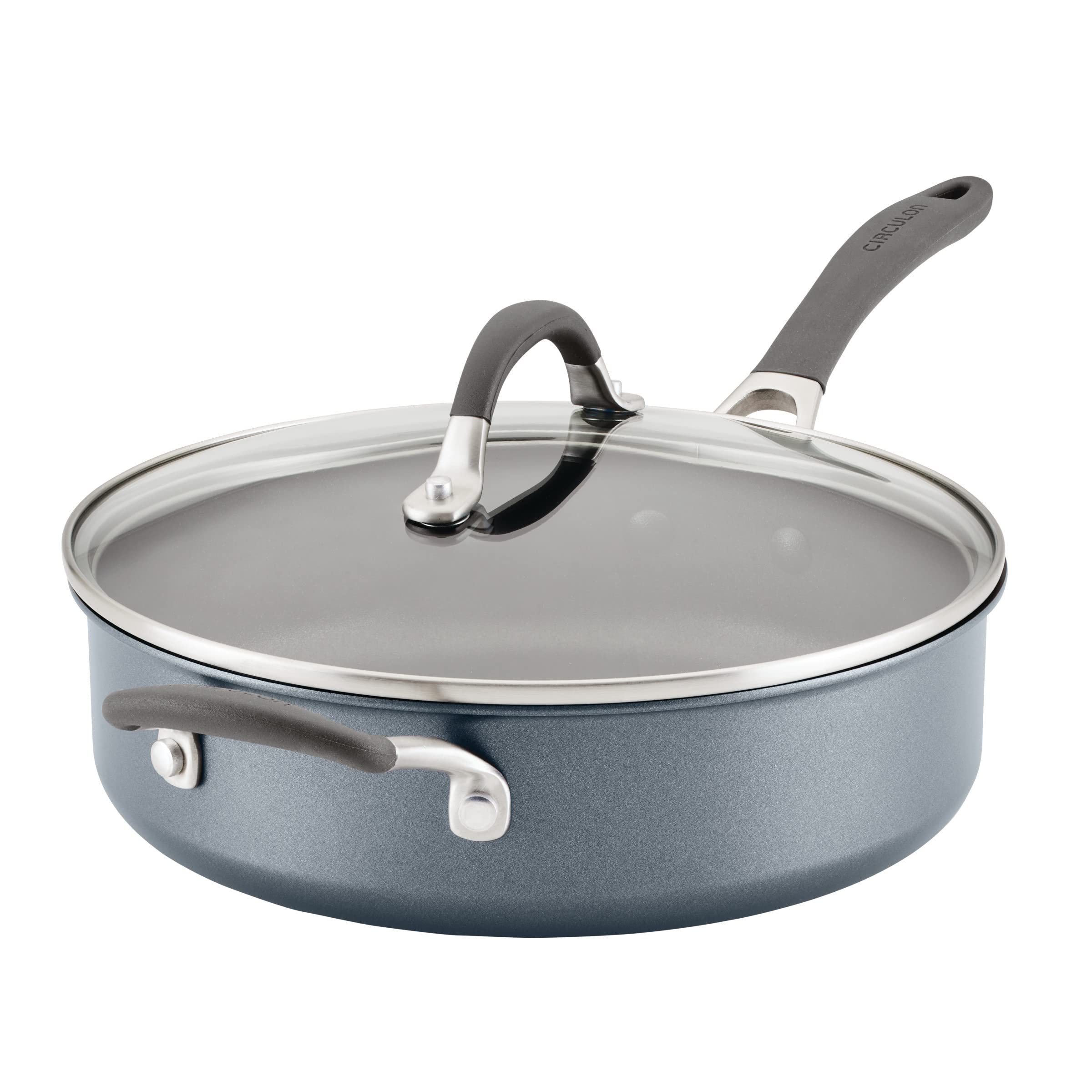 Circulon A1 graphite front view showing pan and lid, highlighting durable nonstick benefit