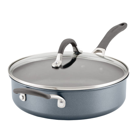 Circulon A1 graphite front view showing pan and lid, highlighting durable nonstick benefit