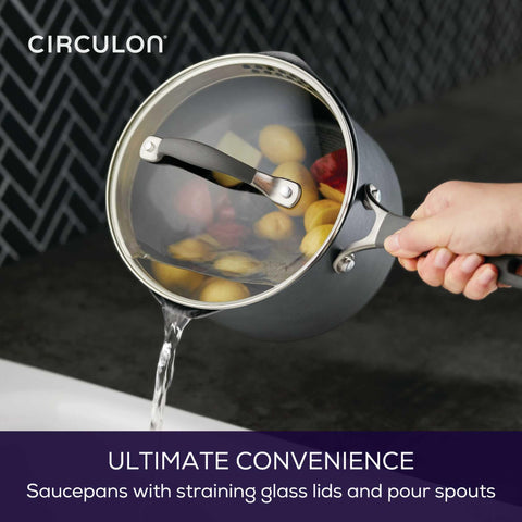 Circulon handle close-up showing stainless steel and silicone grip for safe handling