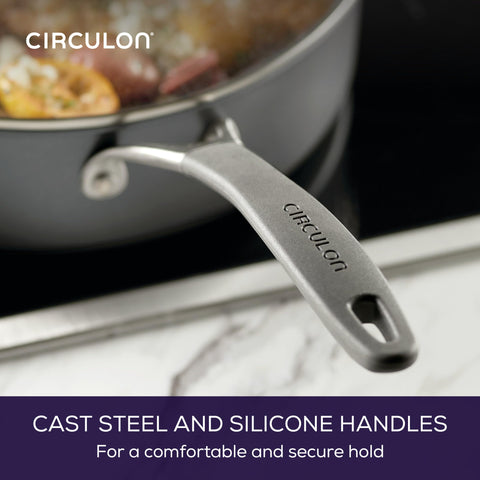 Circulon A1 in use on stovetop with food, showing even searing and heat distribution