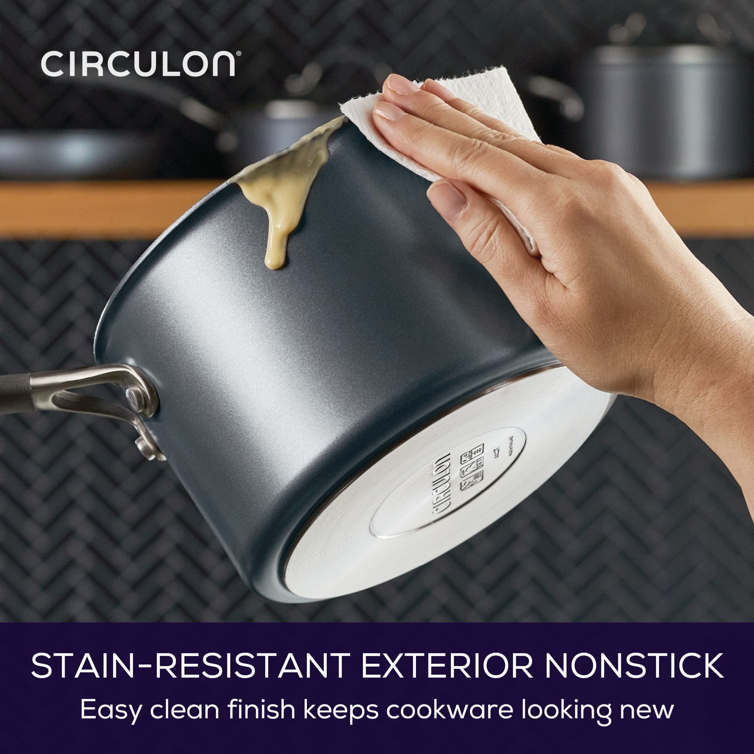 Circulon saucepan in kitchen setting showing everyday cooking reliability benefit