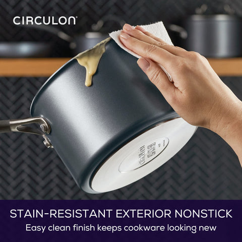 Circulon saucepan in kitchen setting showing everyday cooking reliability benefit