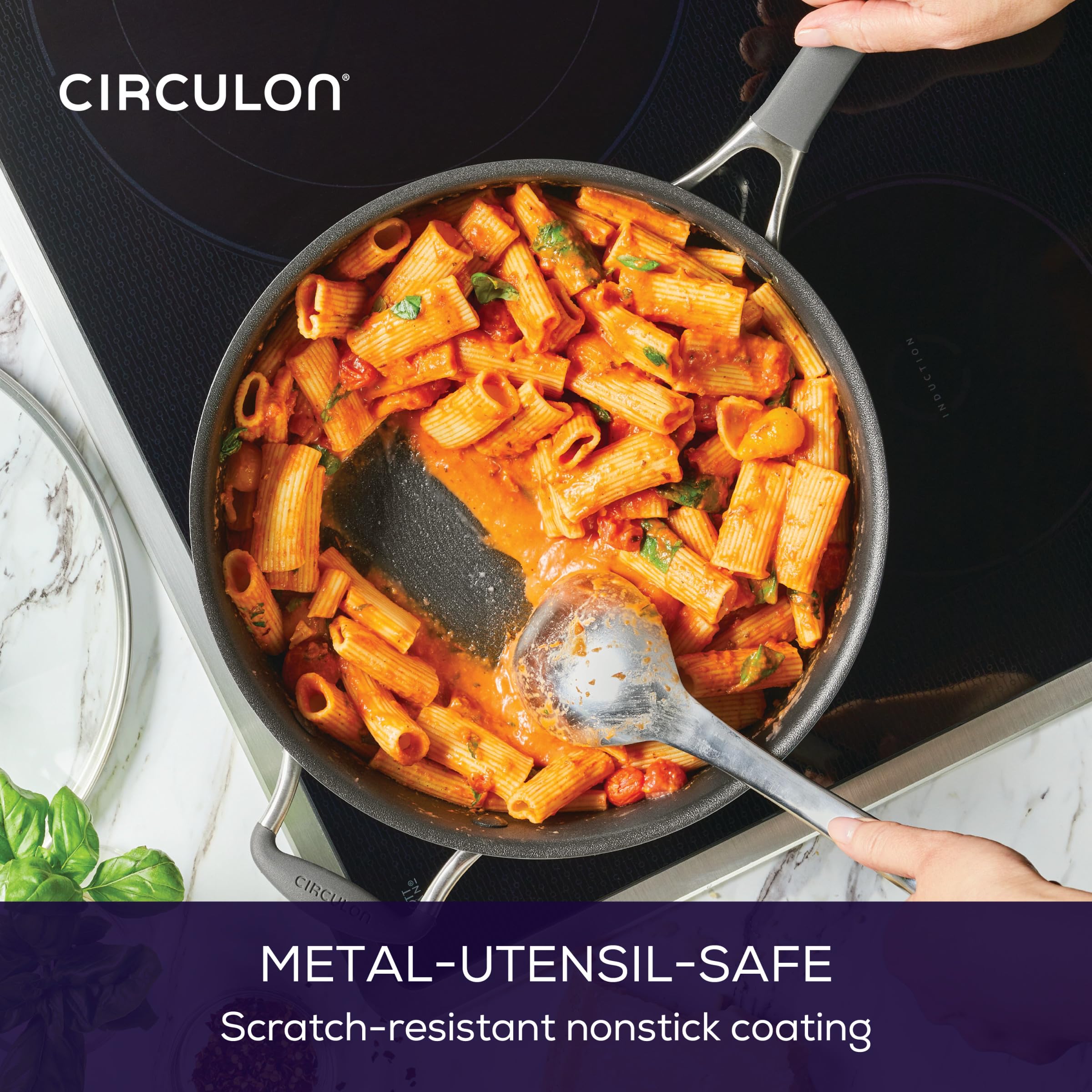 Circulon A1 pan in oven, illustrating oven-safe construction and finishing capability