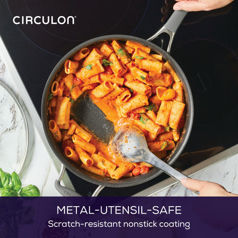 Circulon A1 pan in oven, illustrating oven-safe construction and finishing capability