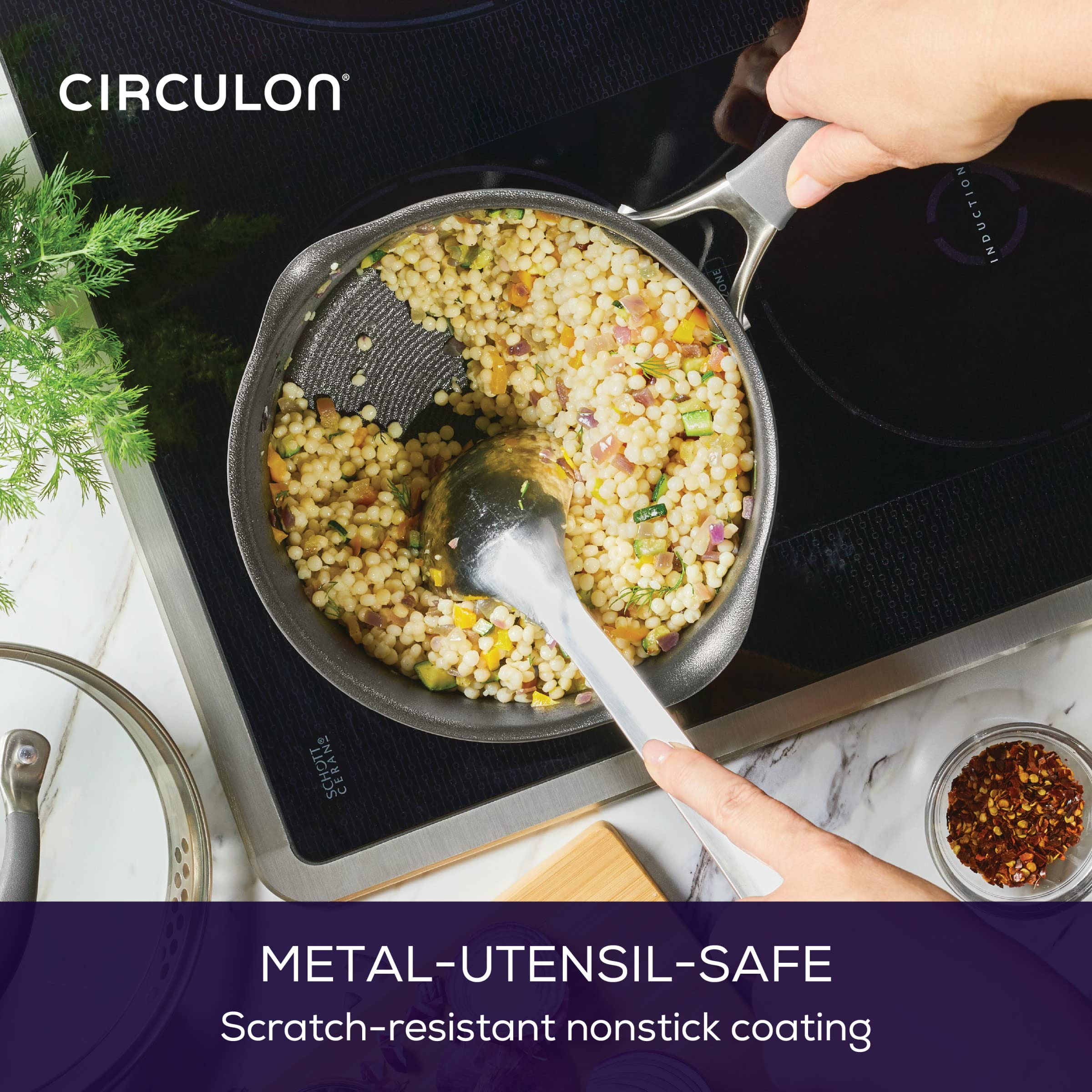 Circulon saucepan in oven showing stovetop-to-oven versatility benefit