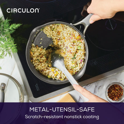 Circulon saucepan in oven showing stovetop-to-oven versatility benefit