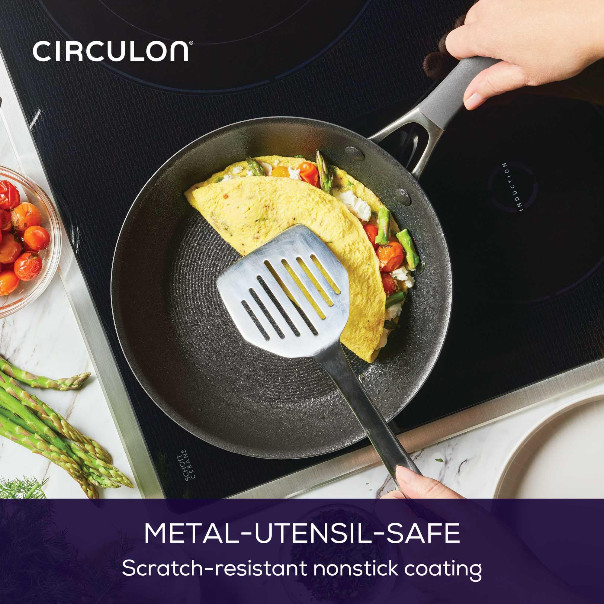 Circulon pouring from saucepan into bowl showing pour-spout convenience and control