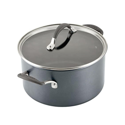 Circulon saucepan with straining lid illustrating easy draining and tidy pouring