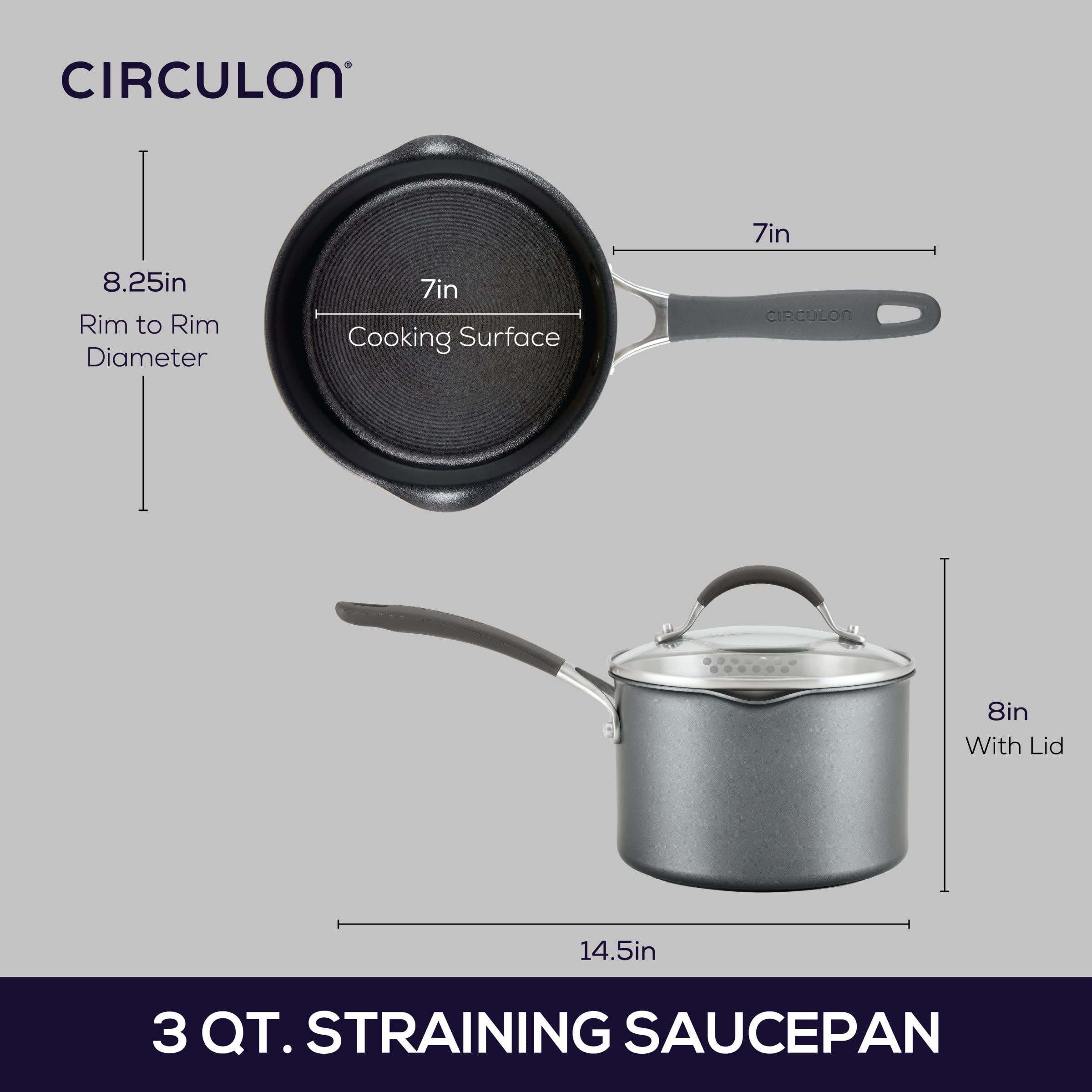 Circulon strainer lid in use draining pasta showing convenient hands-free benefit