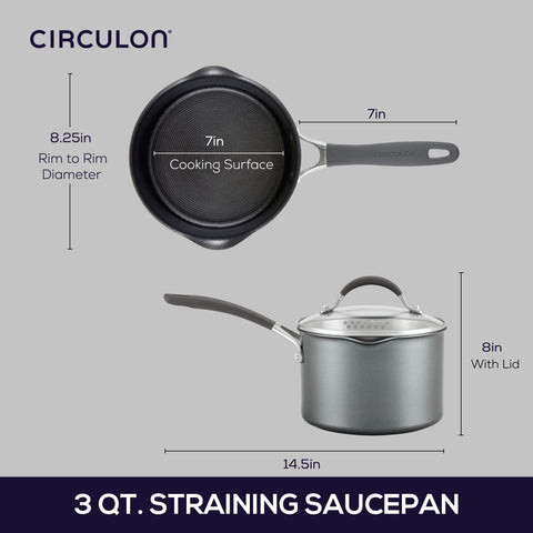 Circulon strainer lid in use draining pasta showing convenient hands-free benefit