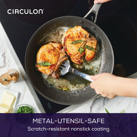 Circulon A1 tempered-glass lid seating to lock in moisture and monitor cooking