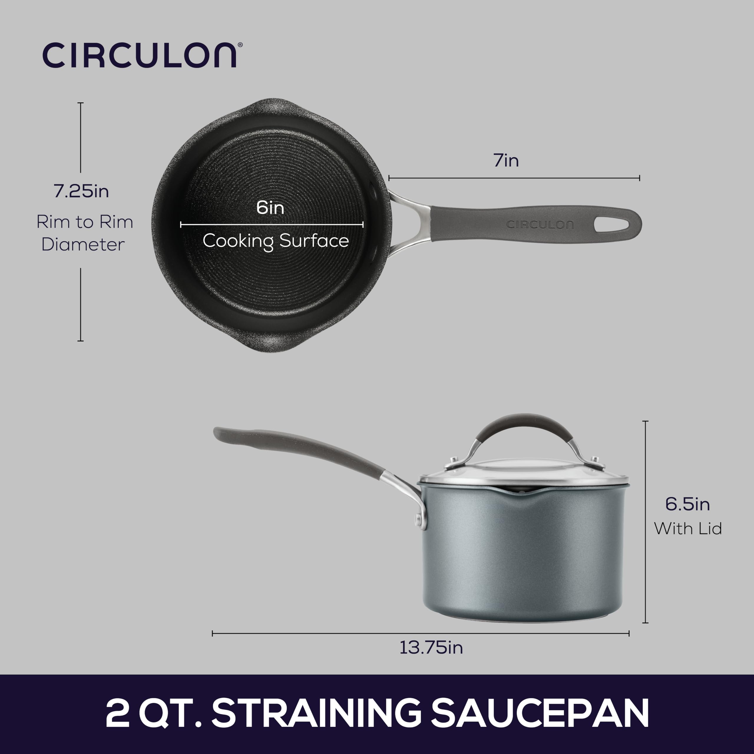 Circulon tempered-glass straining lid illustrating visibility and convenient draining