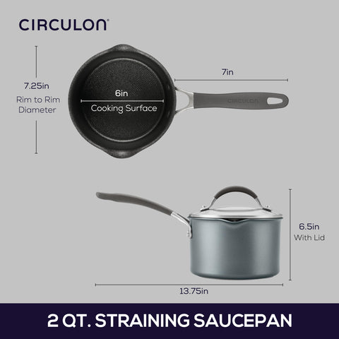Circulon tempered-glass straining lid illustrating visibility and convenient draining