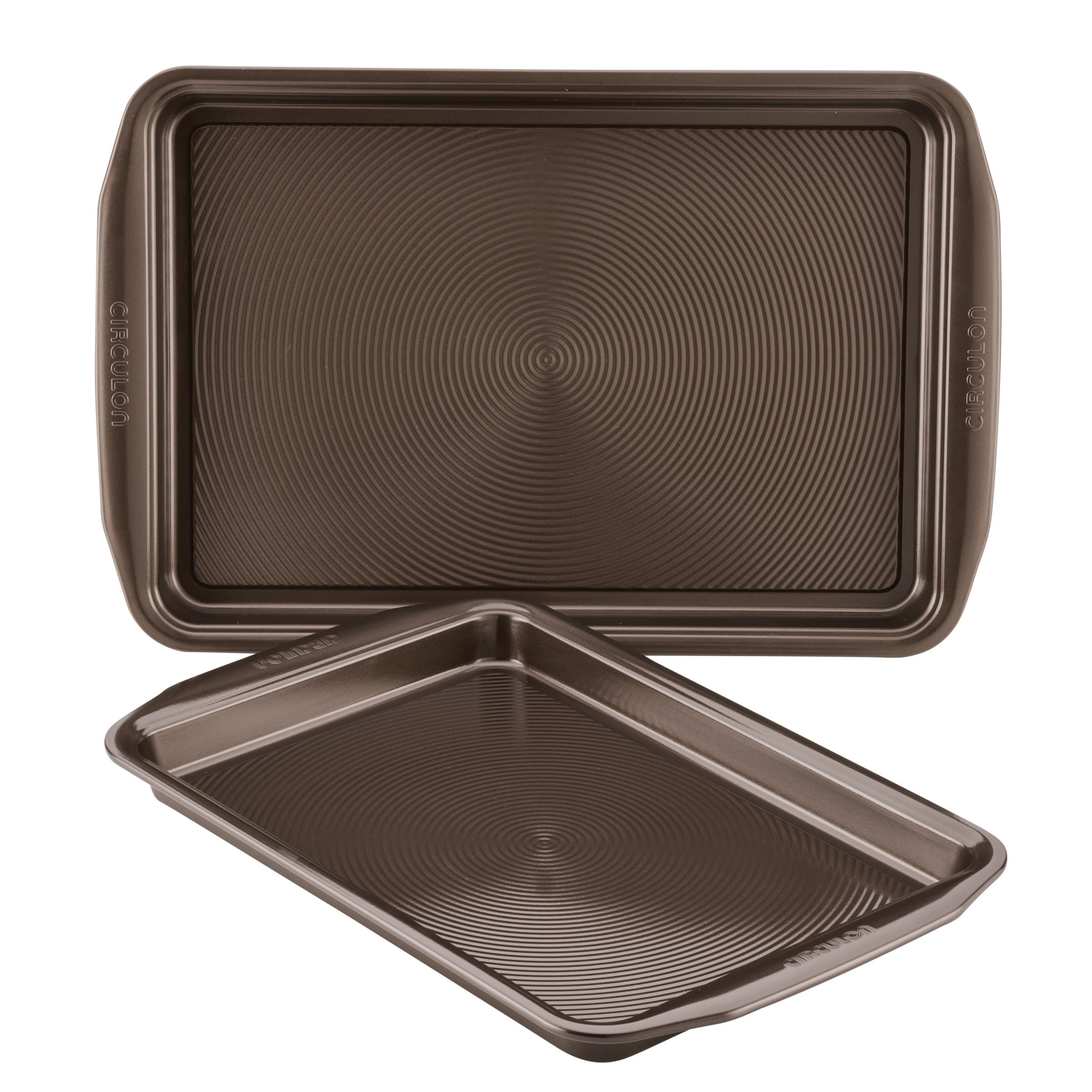 Circulon cookie pan front packaging showing the chocolate brown set and features