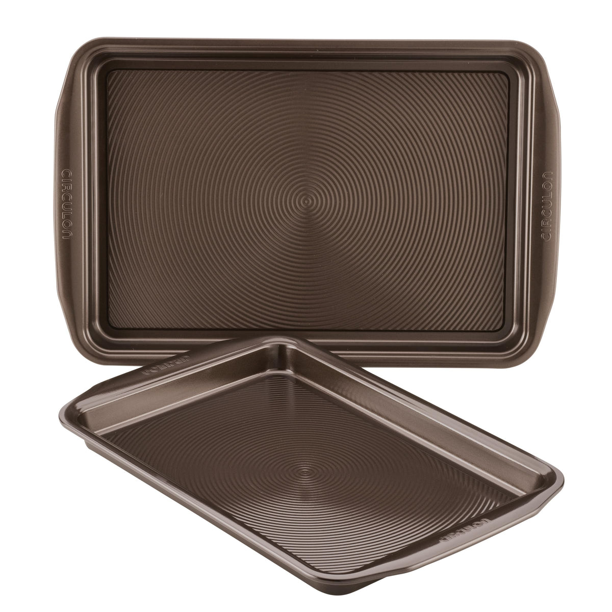 Circulon cookie pan front packaging showing the chocolate brown set and features