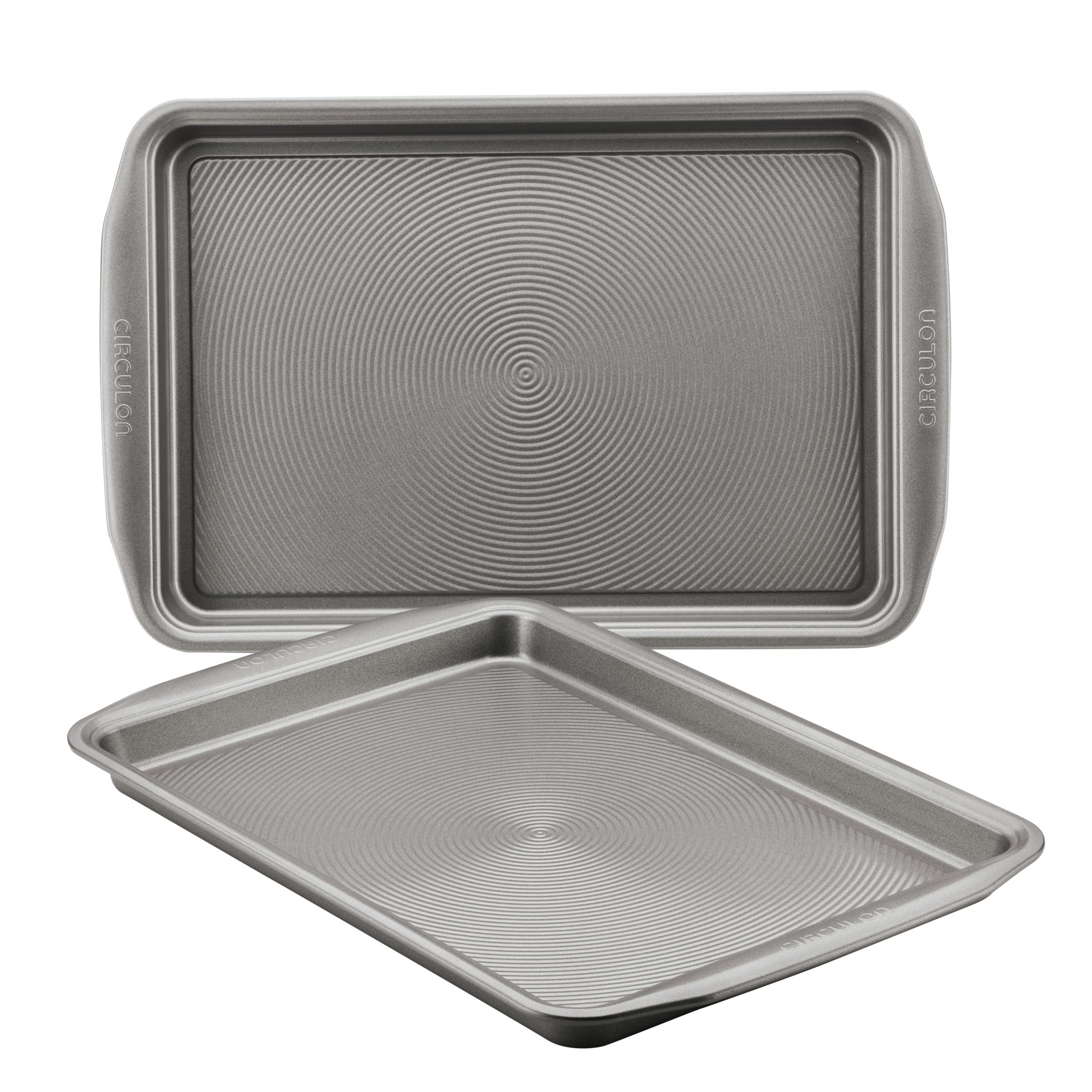 Circulon front view of two gray cookie pans showing size and finish benefit