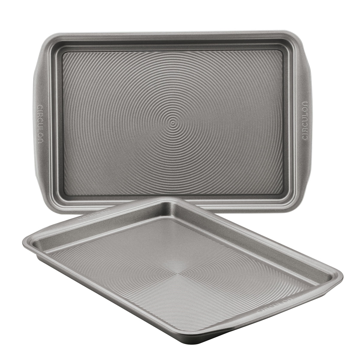 Circulon front view of two gray cookie pans showing size and finish benefit