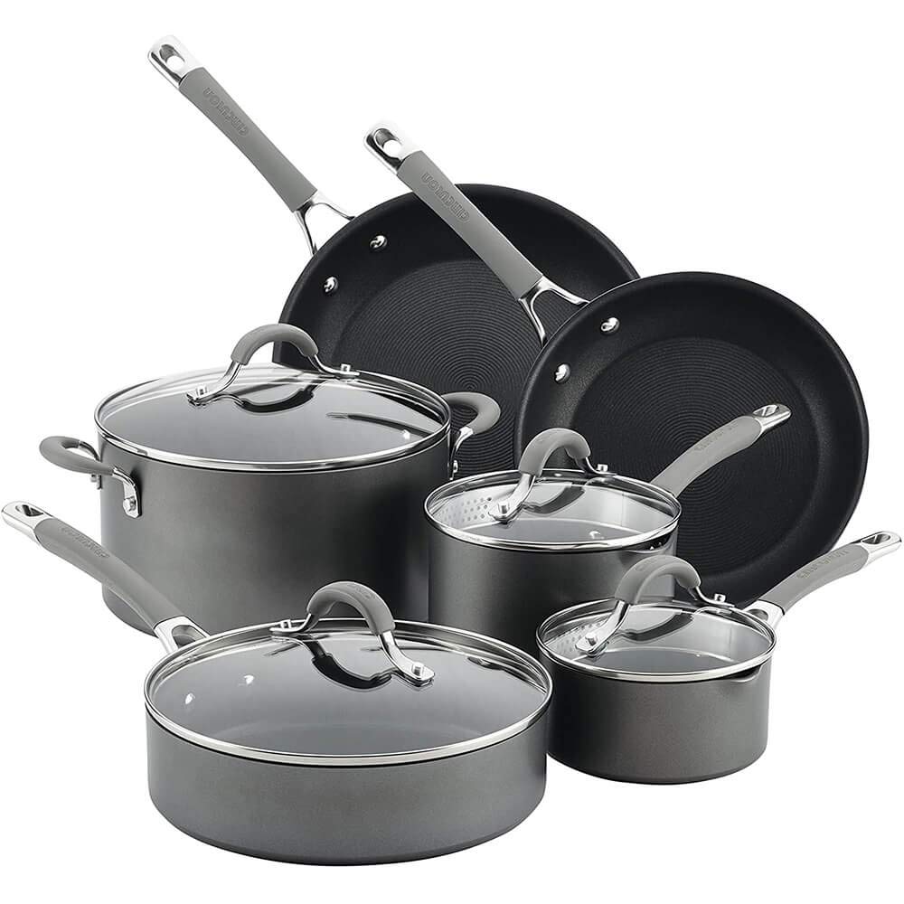 Circulon Elementum front view showing oyster gray cookware set benefit durable design