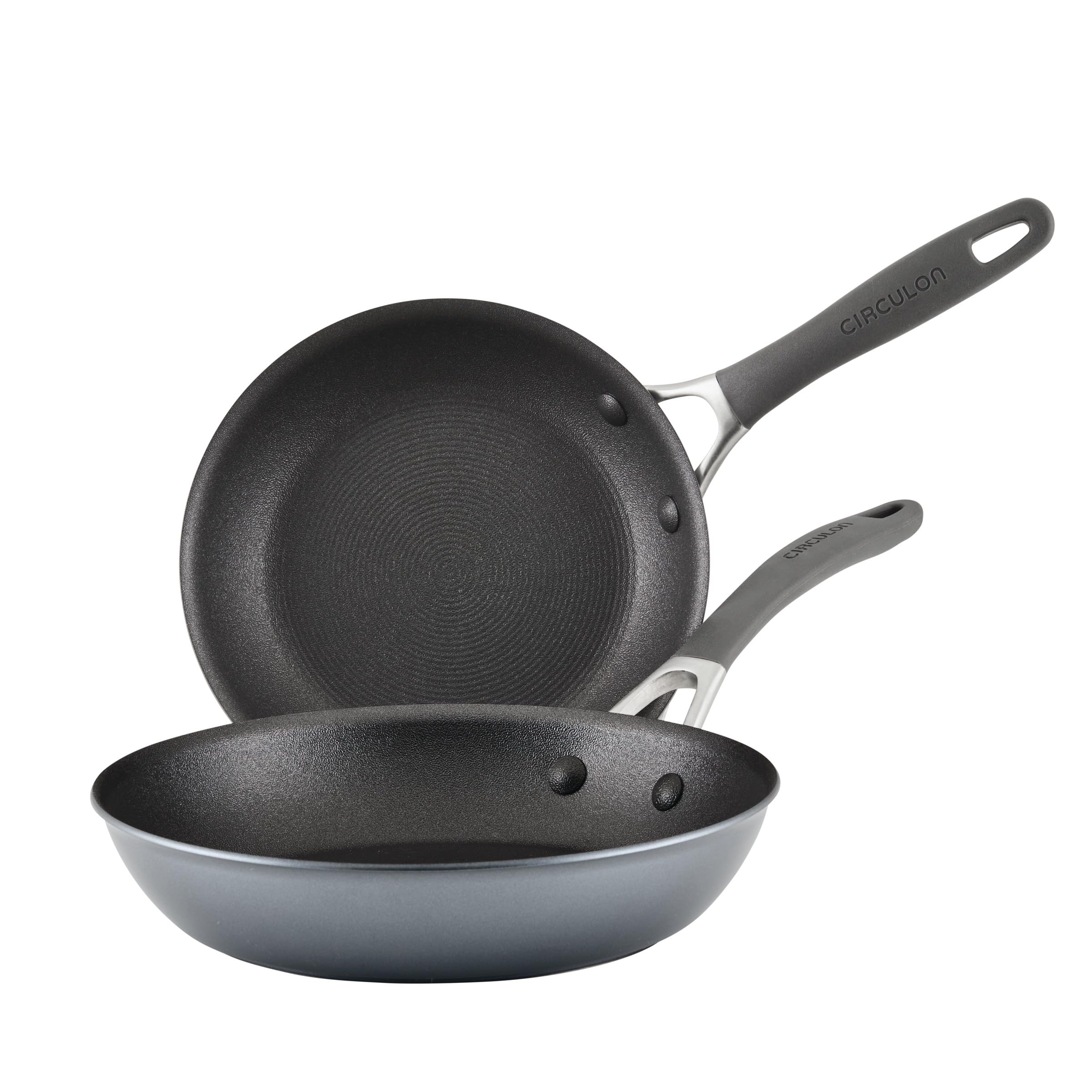 Circulon front view of 2-piece graphite pan set showing sleek finish and durability