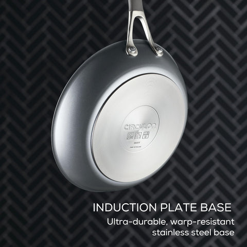 Circulon handle closeup showing cast stainless steel and silicone for secure grip