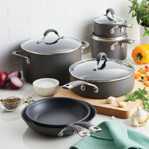 Circulon Radiance 10-piece spread laid out to show all pots and pans for versatile cooking
