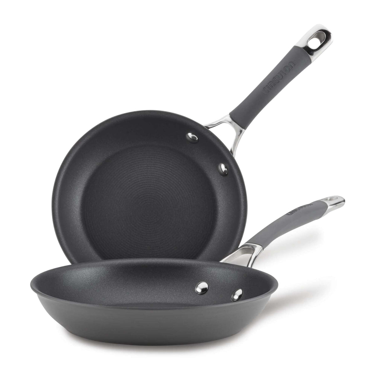 Circulon Radiance front view showing gray pans and clean profile benefit