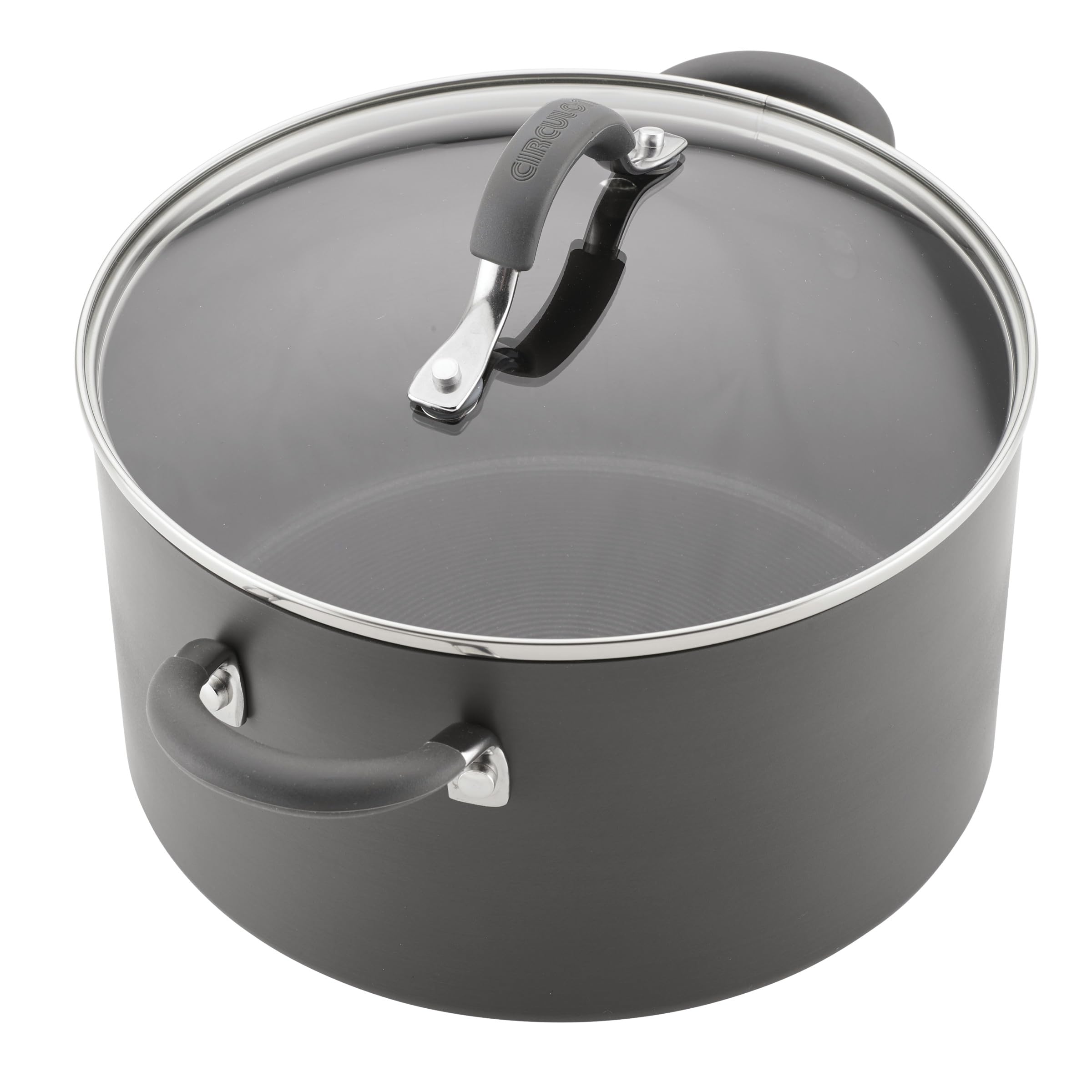 Circulon Radiance saucepan with lid demonstrating sealed cooking and visible simmering advantage