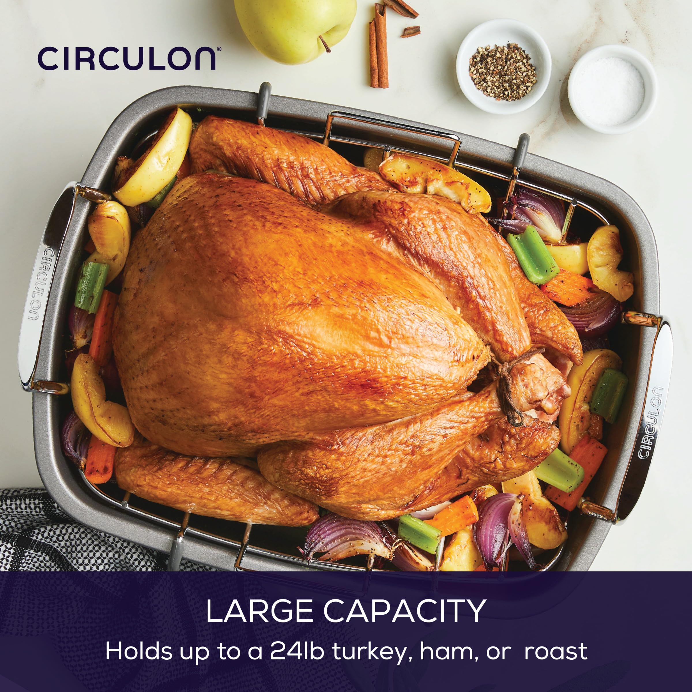 Circulon rack with drippings collected below for cleaner roasts