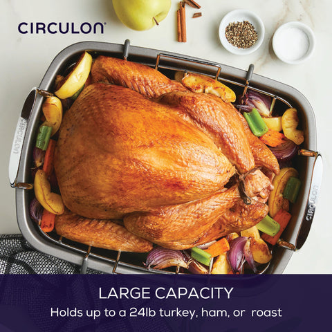 Circulon rack with drippings collected below for cleaner roasts