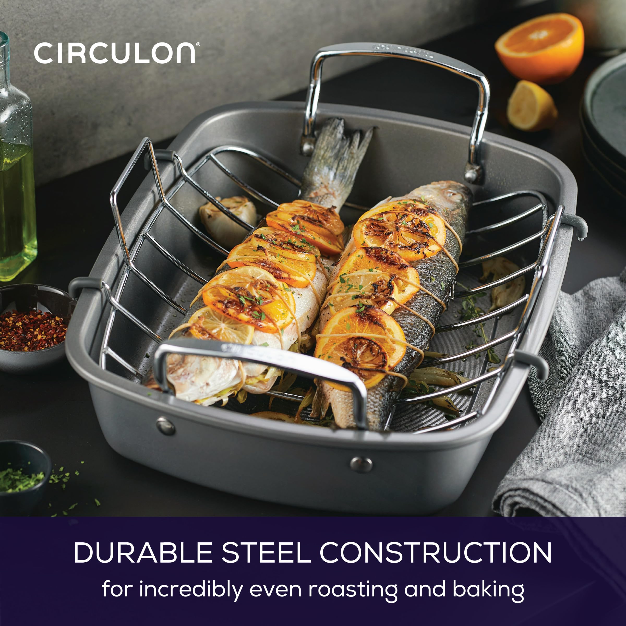 Circulon roaster inside oven demonstrating oven-safe heating