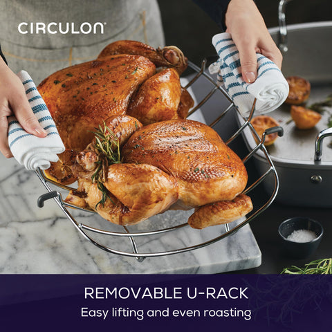 Circulon roaster beside utensils illustrating extra-large scale